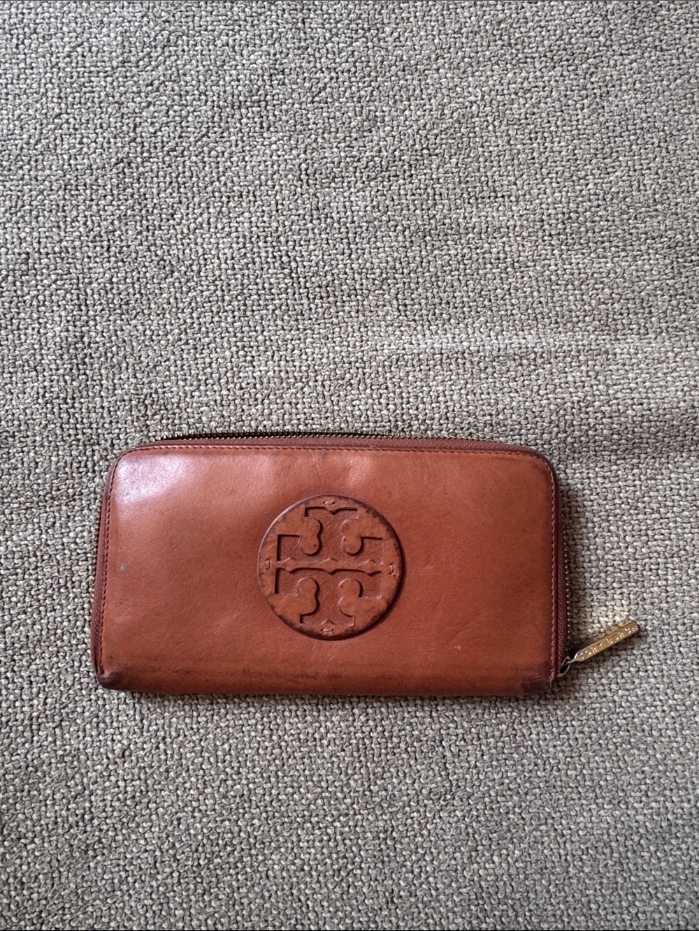 Tory Burch Cognac Leather Zip Wallet with Logo Medallion